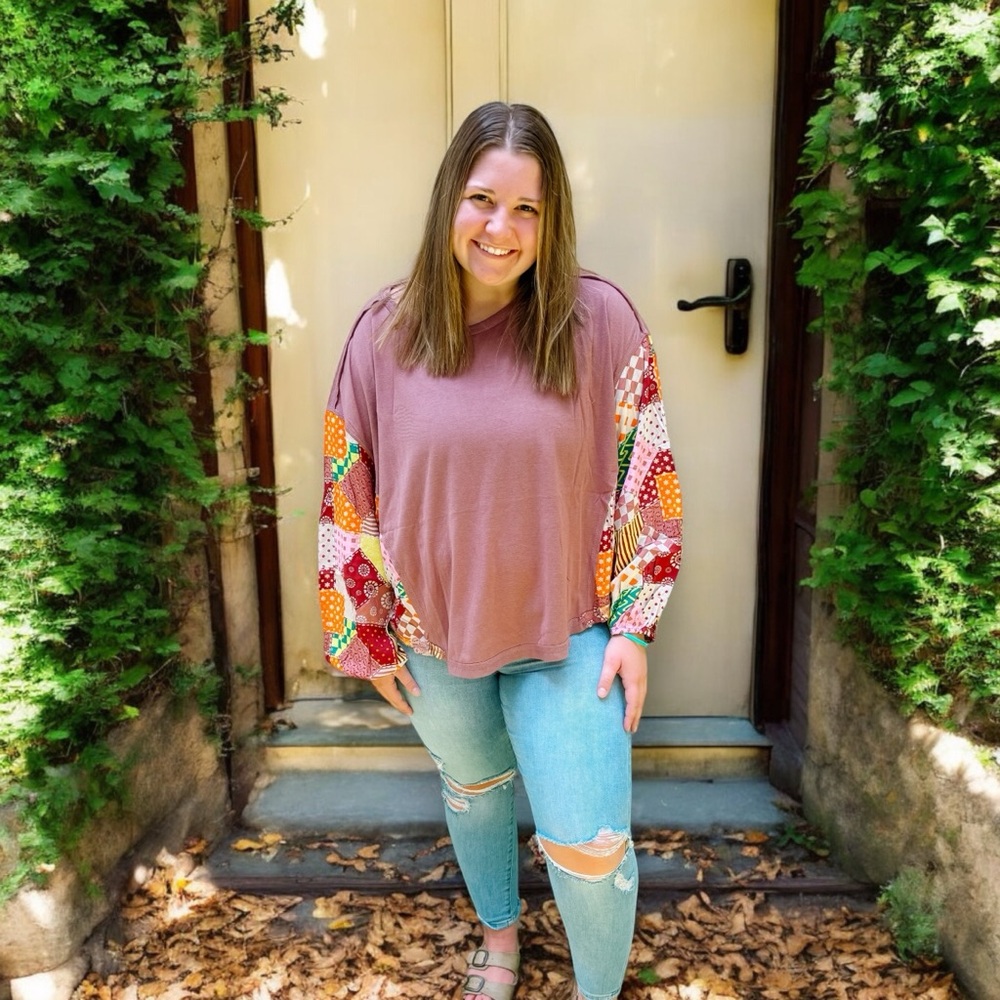 Easel Mauve Patchwork Sleeve Blouse